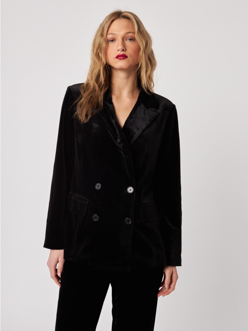 John + Jenn Black Velvet Double-Breasted Blazer